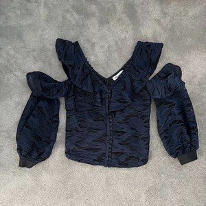 Self-Portrait - Navy Lace Button Down Cold Shoulder Blouse
